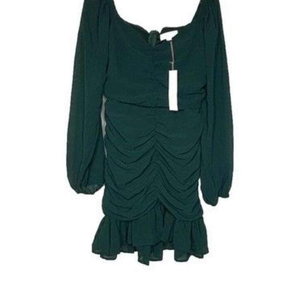 Green Ruched Chiffon Ballon Sleeve Mini Dress Christmas Holiday Cocktail Party